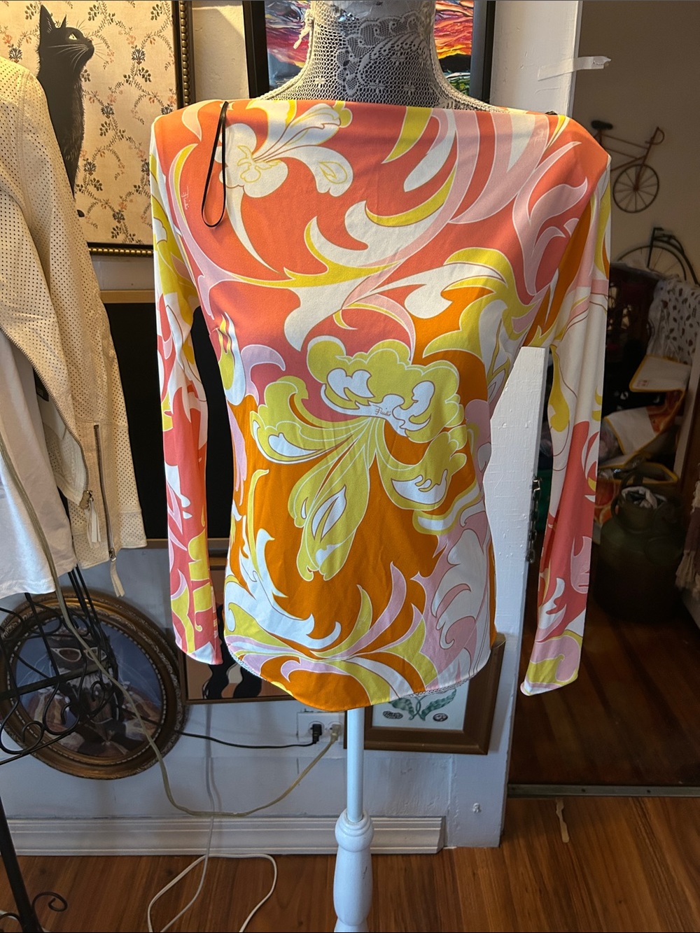 Emilio Pucci Long-Sleeve Swirl Print Top in Orange, Pink & Yellow - Picture 1 of 4
